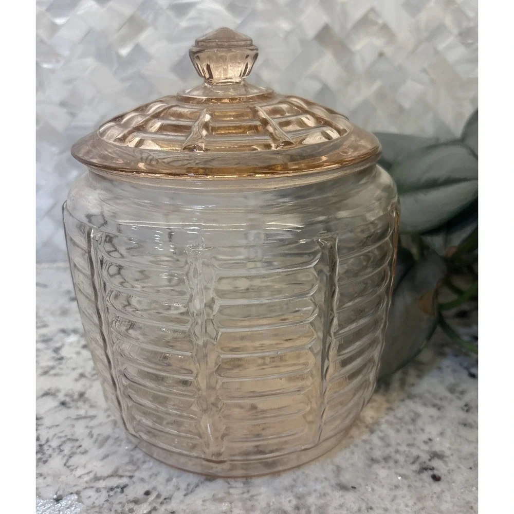 Vtg Anchor Hocking Manhattan Pink Depression Glass Beehive Biscuit Cookie Jar